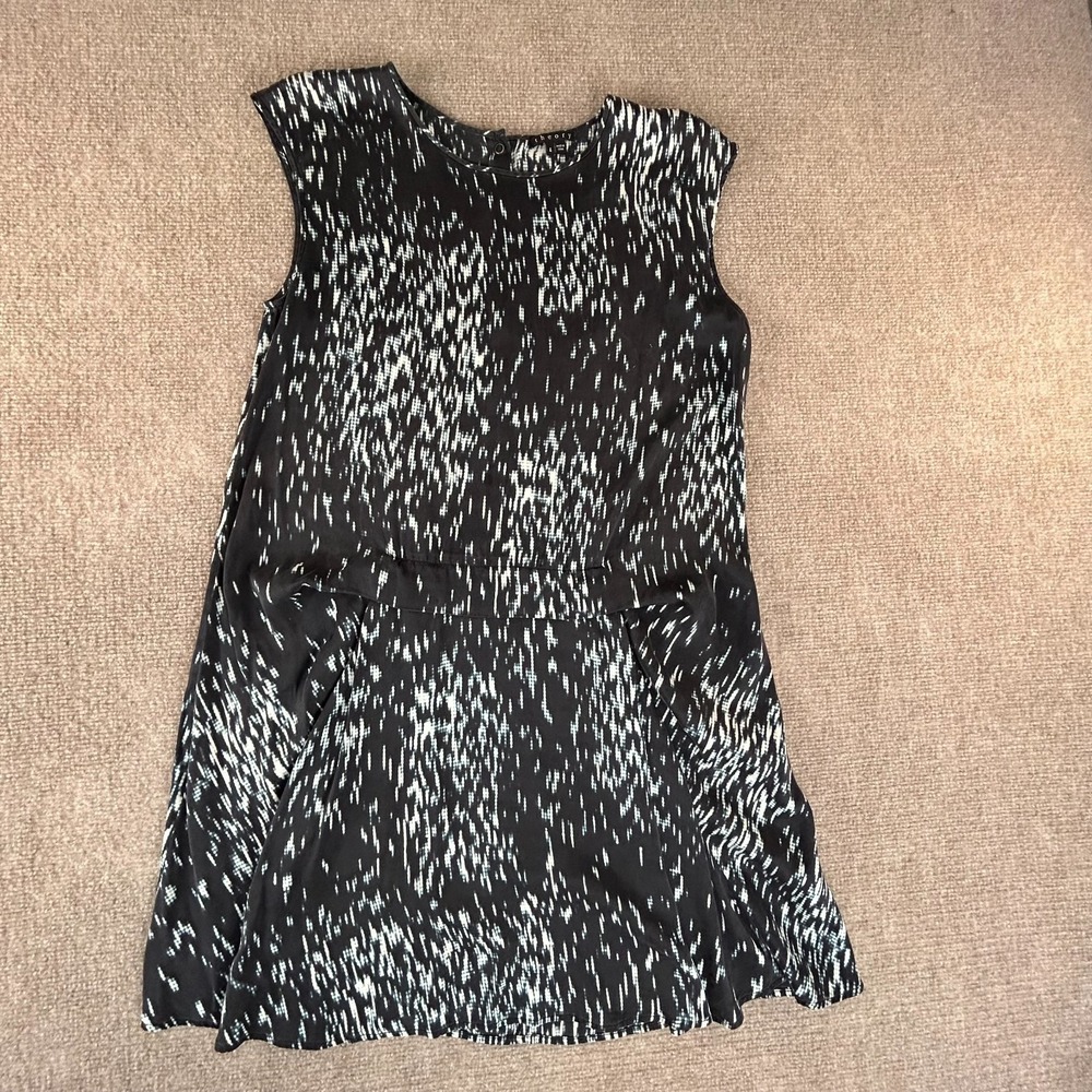 Theory Shadrin Shift‎ Dress Womens 4 Black Abstract Stretch Sleeveless Pleated